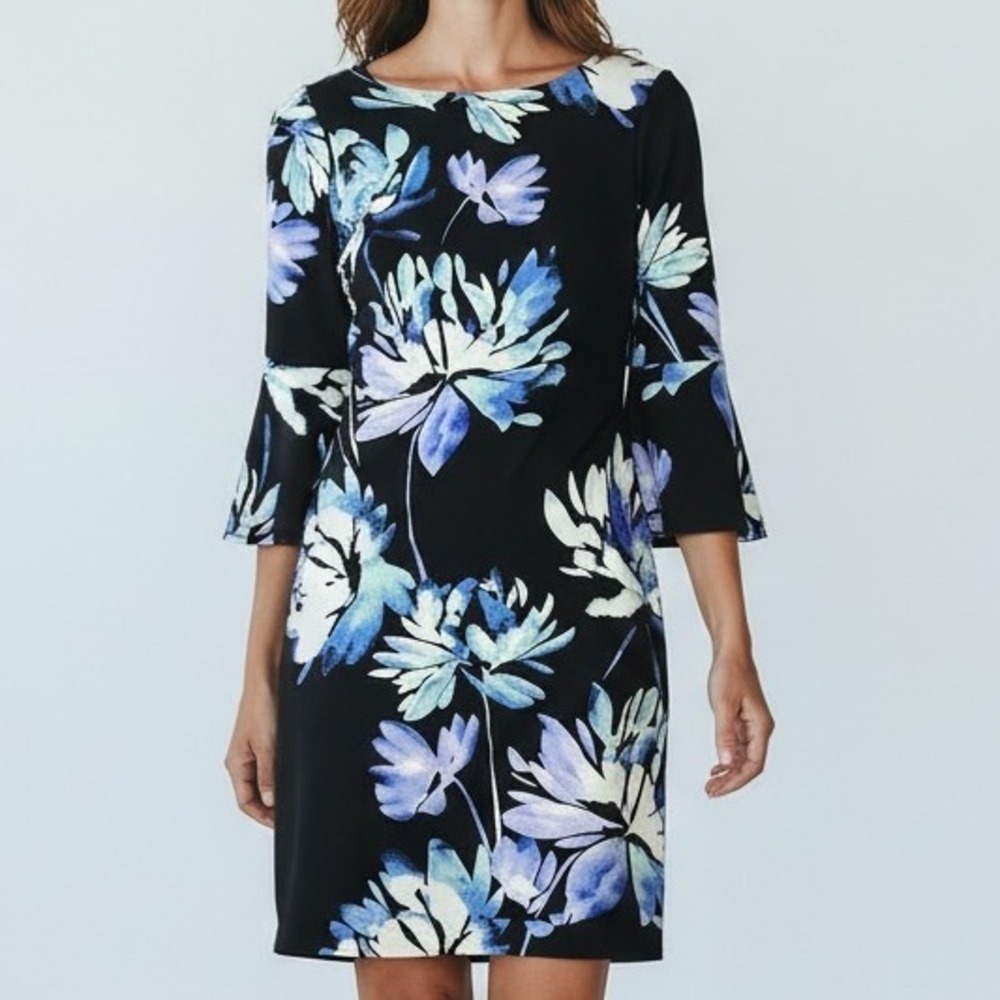 Vince Camuto Black Blue Floral Bell Sleeve Knee Length‎ Sheath Dress Size 6